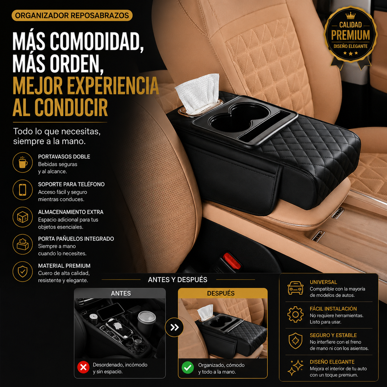 Organizador multifuncional para el reposabrazos del coche con portavasos y almacenamiento integrado
