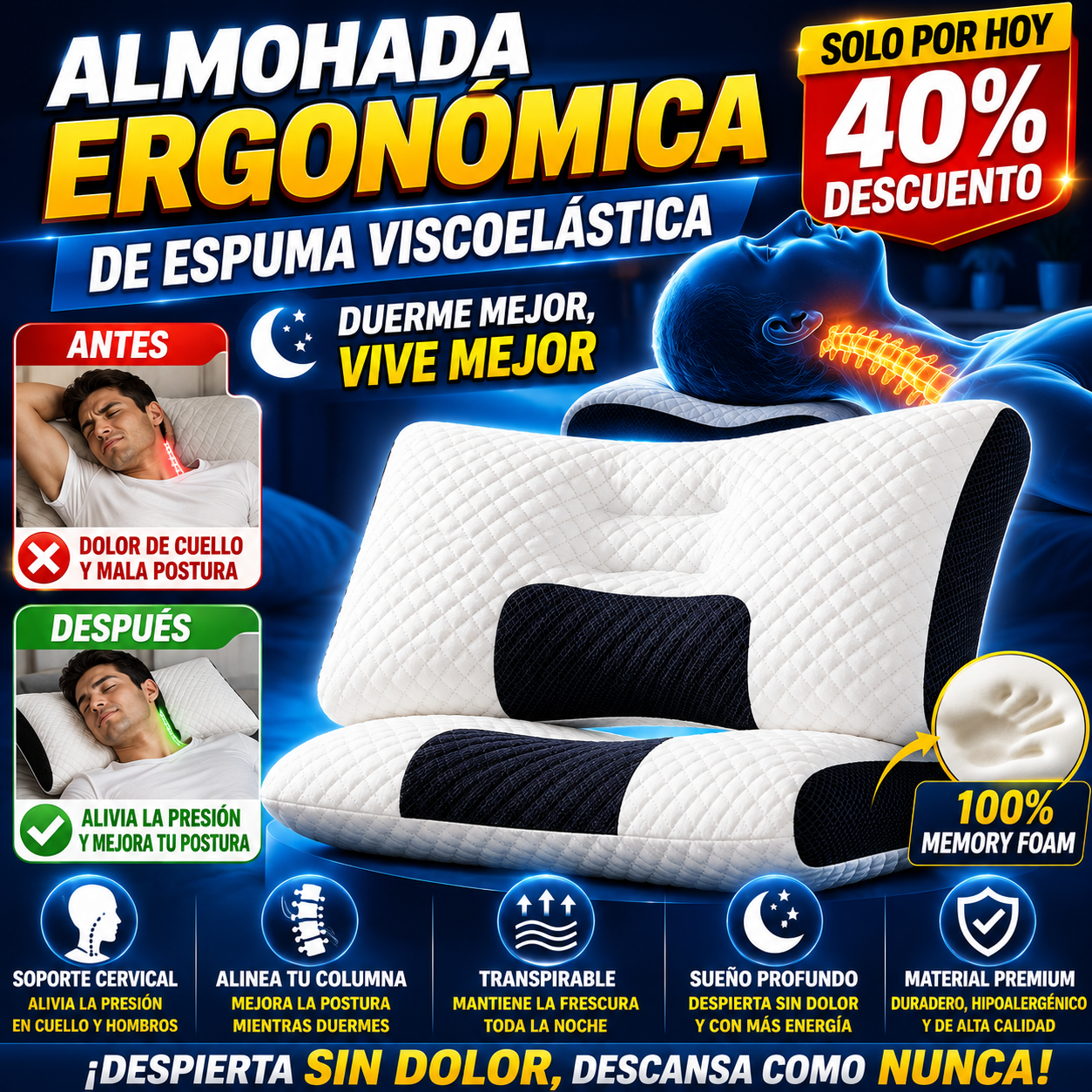 almohada ergonómica de espuma viscoelástica (Memory Foam)