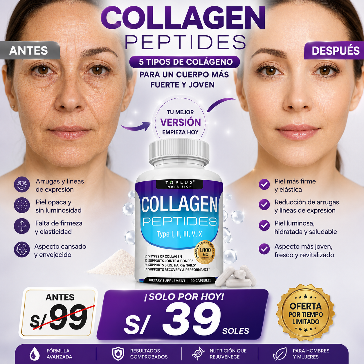 MULTI COLLAGEN PEPTIPES 5 en 1 MISMA FORMULA PERO EN CAPSULAS PARA UN TRATAMIENTO COMPLETO