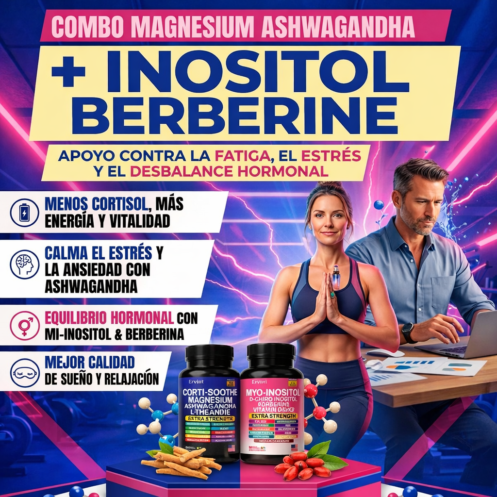COMBO MAGNESIUM ASHWAGANDHA + INOSITOL BERBERINE– Apoyo Contra la Fatiga, el Estrés y el Desbalance Hormonala
